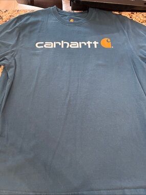 Carhartt Teal Blue Long-Sleeve Logo Tee with Gold Accent